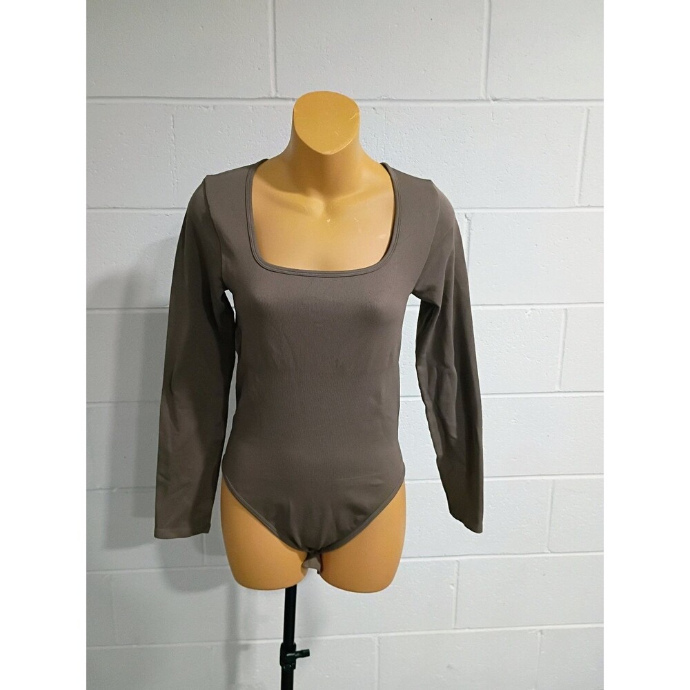 Women's Long Sleeve Square Neck Ribbed Bodysuit Casual Basic Top Brown